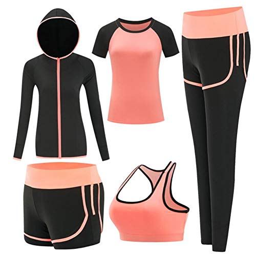 ZETIY Women's Activewear Set 5 Piece Yoga Jogging Workout Clothes Athletic Tracksuits (X-Large, Orange)