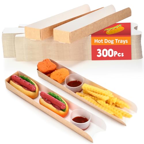 Layhit 300 Pcs Hot Dog Trays Disposable 11.8 x 2 x 1.2 Inch Open Hot Dog Containers Brown Kraft Paper Serving Trays Hotdog Holder for Nachos Tacos Fries BBQ Festivals Party Greaseproof (Brown)