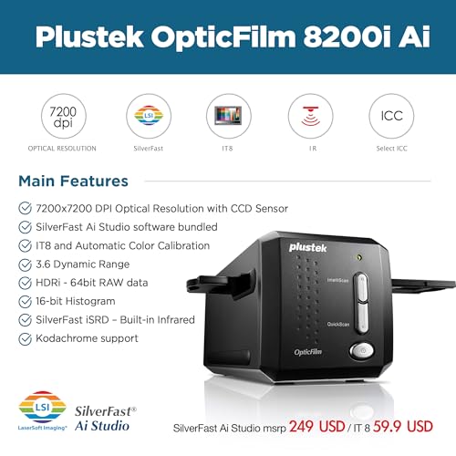 Plustek OpticFilm 8200i AI - 35mm Film & Slides Scanner. IT 8 Calibration Target + SilverFast Ai Studio 9, 7200 dpi Resolution 64Bit HDRi , Mac/PC