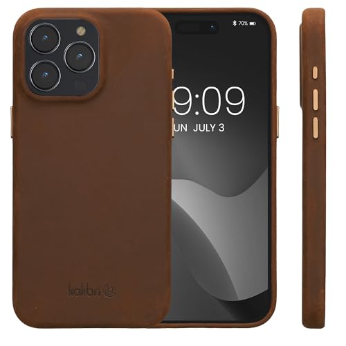 Image of kalibri Case Compatible with Apple iPhone 15 Pro Max - Case Smooth Genuine Leather Hard Case Anti Slip Cover - Brown