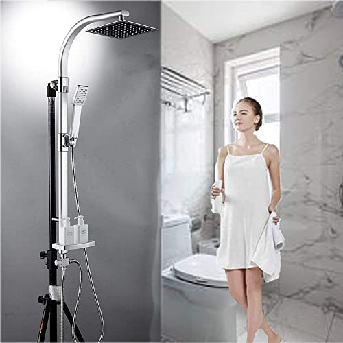 Columna de Ducha Termostatico, con Alcachofa Ducha Lluvia y Cuadrado Ducha de Mano, Set de Ducha Latón, Plateada Estilo Moderno Barra Regulable Cover