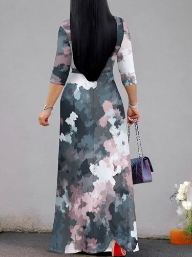 Image of Plus Size Dresses for Women Print Maxi Dresses 3 /4 Sleeve with Belt