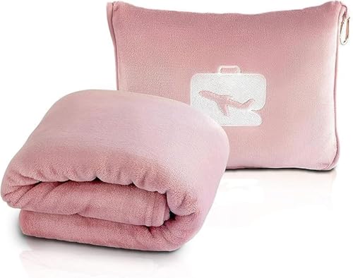 WUYIXUAN Travel Blanket and Pillow, Soft & Warm 2 in 1 Airplane Blanke, Compact Office Blankets, Lightweight & Portable Pillow for Adults, Kids,Long Flights and Trains (Pink)