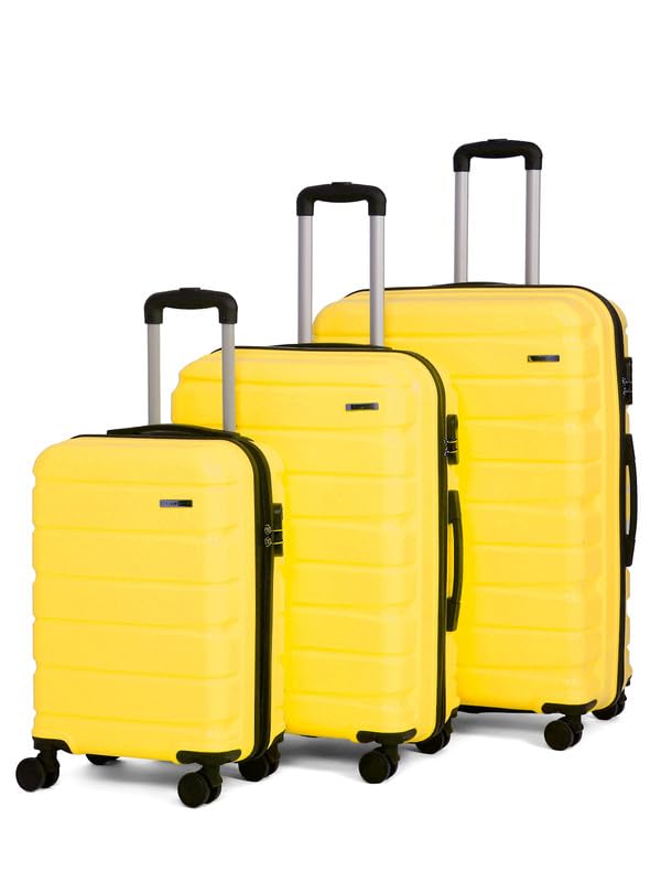 Image of Teakwood 8 Wheel Set of 3 Trolley Bag, Hard Cabin with Zipper Closure, Adjustable Push Button & Cross Side Strap, TSA Lock System 360 Degree (Small-Medium-Large, Yellow)