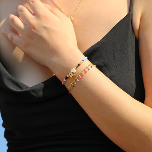 Image of Turandoss Colorful Beaded Initial Bracelets for Women, Trendy Boho Layered 14K-Gold-Plated Letter A-Z Bracelet Cute Summer Jewrly Birthday Christmas Gifts for Girls
