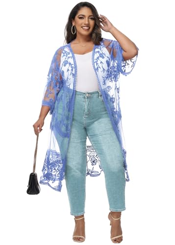 Image of Anna-Kaci Women's Plus Size Lace Cardigan Embroidered Long Kimono Dusters with Half Sleeves