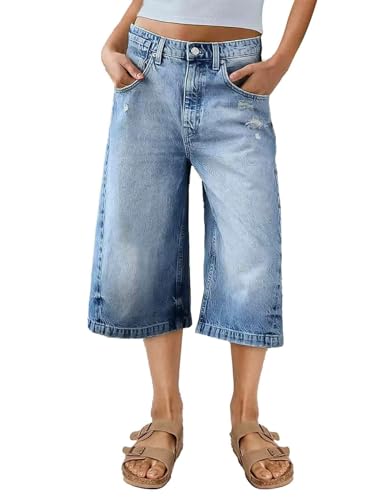 Flamingals Women's Ripped Mid Waist Straight Leg Capri Jeans