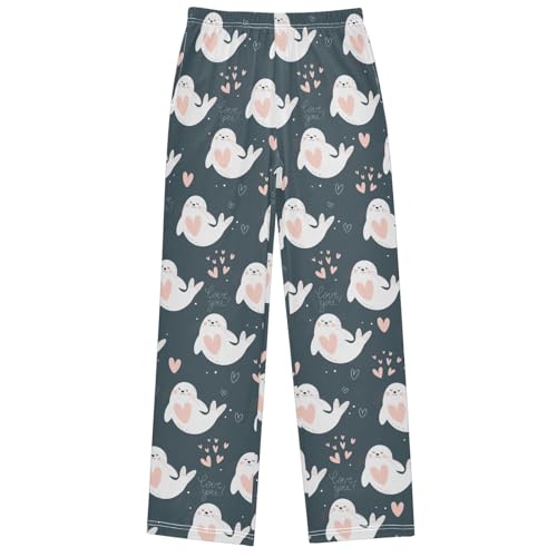 Boy's Pants Romantic White Seal Pink Hear Jogger Pants Elastic Waist Long Bottoms Trousers with Pockets 6-14 Years