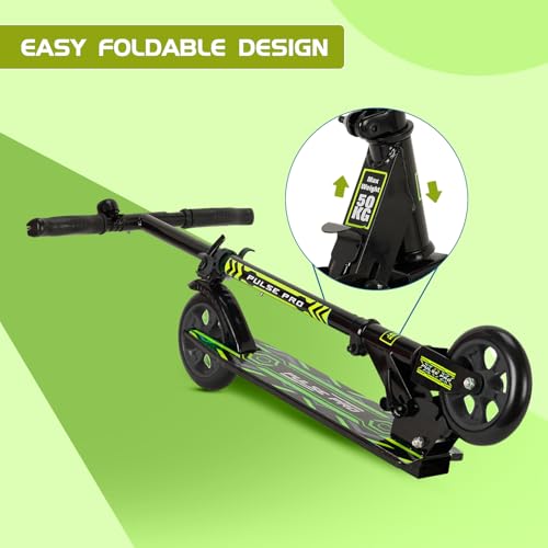 Image of Amazon Brand - Jam & Honey Kick Scooter | Foldable 2-Wheel Design with Rear Brake | 3-Height Adjustable Handlebar | BIS Certified | 50 kg Max Load | Neon Green | Ages 6-13 Years