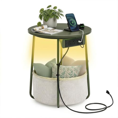 Image of VASAGLE LILEA Collection - Side Table with Charging Station, Round End Table with Fabric Basket, LED Nightstand with USB Ports, Modern, for Living Room, Forest Green and Cream White ULET227C01