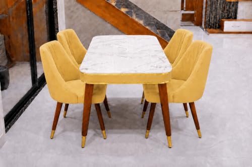 Image of WOODEN SPACE 4 Seater Wooden Dining Table Set | Urban Marble Top Dining Table with Chairs for Dining Room & Kitchen (Modern Frontline Yellow) (54 x 36 x 30 inch)
