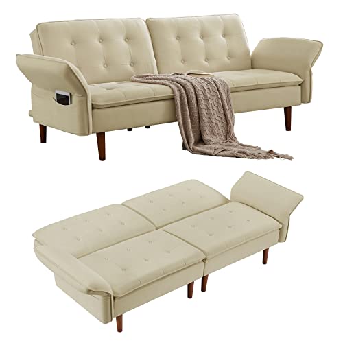 Aoowow Convertible Futon Sofa Bed, Modern Reclining Futon Loveseat Couch With Adjustable Armrest 4 Side Pockets And 8 Tapered Legs Folding Sleeper Sofa For Dorm Room Living Room Bedroom Office, Beige #TOP7