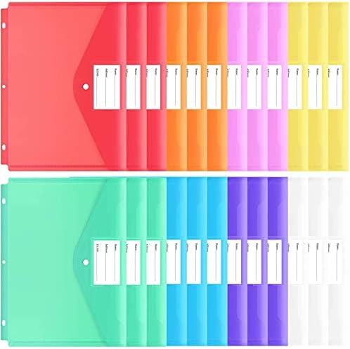 EOOUT 24pcs Binder Folders, Binder Pocket for 3 Ring, Binder Organizer File Folder, Letter Size, Snap Button Pouch with Label for Home and Office, 8 Colors