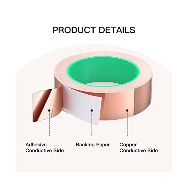 AOKITO Kupferfolie Klebeband, Beidseitig Leitende Kupferfolienband, EMI Kapton Tape, Selbstklebend Abschirmband, Schneckenband Schneckenschutz, Kupferband für Erdung, Löten und Schneckenabwehr etc – Bild 4