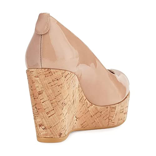 XYD Women Comfort Round Toe Wood Platform Pumps Slip On Patent Wedge Cork High Heel Casual Dress Shoes3