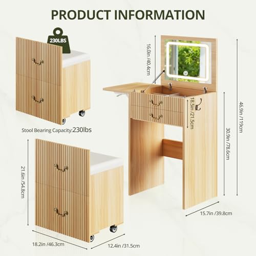 Image of FURSUN 3-in-1 Vanity with Flip Mirror & Lights, Fluted Compact Vanity Table with 3 Drawers, Storage Compartment and Rolling Stool, Modern Small Makeup Vanity for Bedroom, Powder Room, Natural Oak