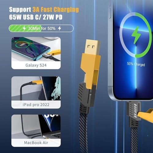 Image of FLAT WIRE cable 4 in 1 Fast Charging Cable, 65W Braided Multi Charging Port with USB C, USB A, and Lightning Connectors, 3.3 Ft, Compatible with Phones, Tablets, Laptops
