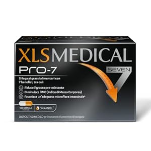 XLS Medical Pro-7 Dispositivo Medico, si Lega ai Grassi Alimentari con 7 Benefici, Fino a 5 Volte Perdita di Peso Rispetto Sola Dieta, Clinicamente Testato, 180 Capsule, 1 Mese, Okranol