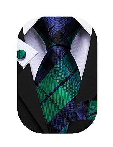 Image of Barry.Wang Plaid Ties for Men Silk Necktie Handkerchief Cuff Links Set