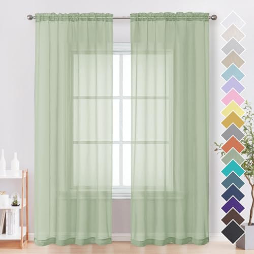 Image of OVZME Light Green Sheer Curtains 90 Inches Long 2 Panels - Soft Light Filtering Window Sheer Panels for Living Room /Bedroom, Top Dual Rod Pocket, 1 Pair, Each 42Wx90L Inches