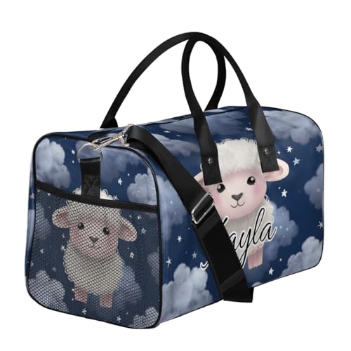 Cartoon Sheep Custom Travel Bag, Personalized Duffle Bag with Initials Name, Lamb Cloud Sports Dance Gym Tote Bags Weekender Overnight Bags for Women Men3