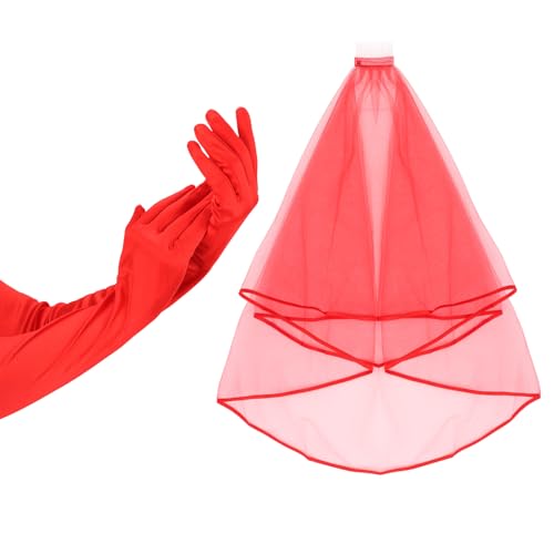 Semato Red Gloves and Red Veils for Women Bride Wedding Halloween Costume Party Accessories2