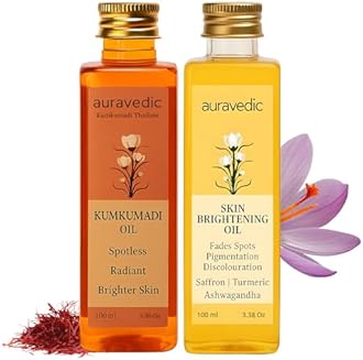 Auravedic Kumkumadi Oil & Skin Oil Combo | Saffron, Turmeric and Winter Cherry Infused Face Moisturizer | Hydrating & Moisturizing | for All Skin Types | 3.38Fl Oz (100ml)