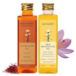 Auravedic Kumkumadi Oil & Skin Oil Combo | Saffron, Turmeric and Winter Cherry Infused Face Moisturizer | Hydrating & Moisturizing | for All Skin Types | 3.38Fl Oz (100ml)