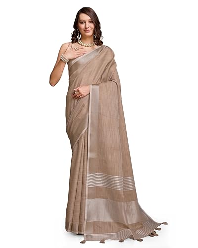 Image of SWORNOF Women's Linen Cotton Silk Saree with Unstitched Blouse Piece | Saree for Women | Saree with Blouse Piece | Soft and Skin Friendly