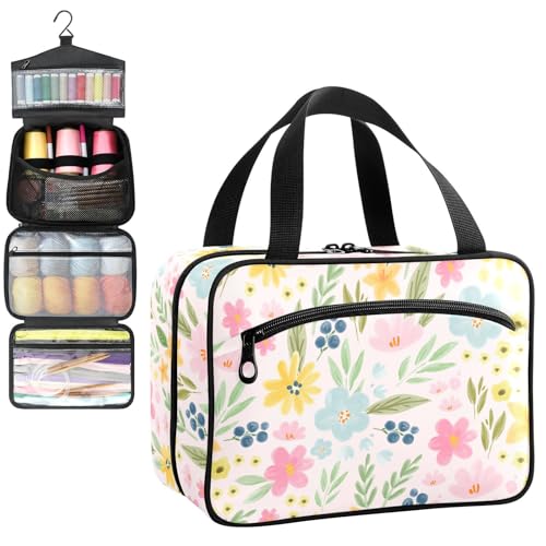 YNNALE Sewing Supply Organizer Bag, Cute Floral Pastel ColorPortable Sewing Bags with Pockets&Hanger, Sewing Storage Box Case for Sew Supplies/Kit/Tools/Accessories (BAG ONLY)