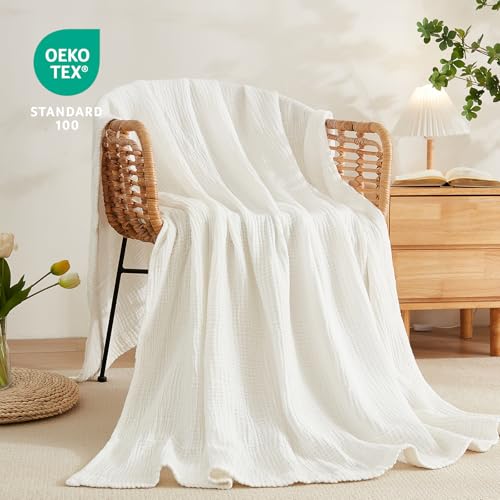 EMME Cotton Throw Blanket 100% Muslin Soft Blanket for Couch Breathable Gauze All Season Soft and Lightweight Pre-Washed Cotton Blanket(White, 127 x 177cm)