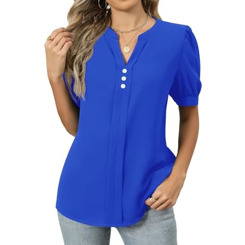 Kistore Women's Short Sleeve Tops Dressy Casual Business Work Blouses V Neck Chiffon Top Office Shirts X-Large A Royal Blue