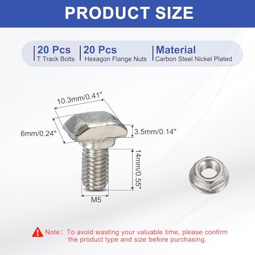 Image of PATIKIL M5 x 16 mm T-Slot Bolts, 20 Sets Drop-in Bolt Hammer Head with Hexagon Flange Nuts T-Bolt Stud Sliding Screw for 20 Series Aluminum Extrusion Profile, Silver