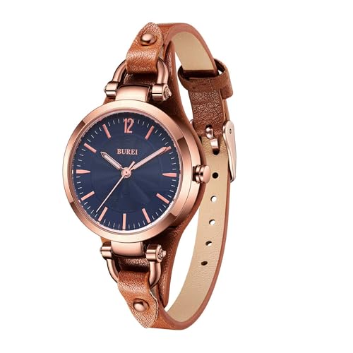 BUREI Damenuhren – Armbanduhr Damen mit Handgemachtem Echtleder & Schmalem Band – Damenuhr Lederarmband für Arbeit & Freizeit