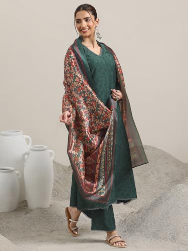 Image of Libas Green Printed Silk blend A Line Kurta set for Women | daily wear suit