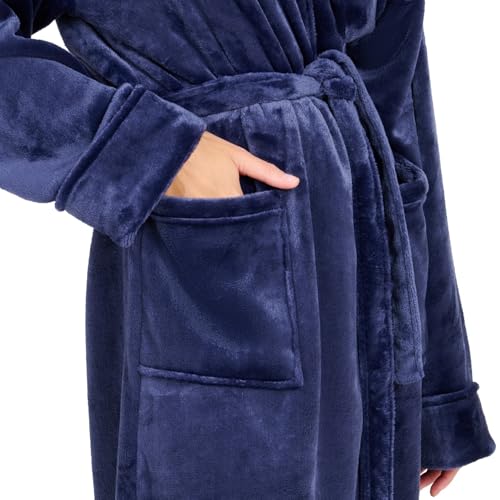 Blumtal Bademantel Damen & Herren L - OEKO-TEX zert. Morgenmantel mit Kapuze inkl. Doppelschlaufen für perfekte Passform - Mikrofaser Bademantel für Sauna Dunkelblau-Blau