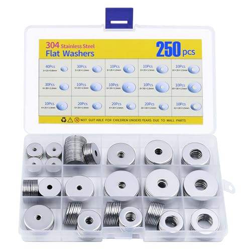 Rongrongago 250 Piezas Arandelas Planas, Inoxidable Arandelas Metalicas, Combinación de 15 Tamaños Arandela Carter Aceite para Reparación de Fábricas, Cocinas, Construcción al Aire Libre
