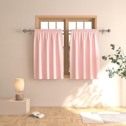 Pink Tier Curtains 36 inch Girls Room Darkening Kitchen Window Curtains Over Sink Nursery Bathroom Short Curtain Basement Triple Weave Small Cafe Curtains Window Treatment Set 2 Panels Rod Pocket