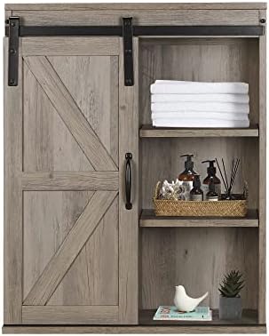 Rustory Rustic Wooden Wall Mounted Storage Cabinet with Sliding Barn Door, Decorative Farmhouse Medicine Cabinet for Kitchen Dining, Bathroom, Living Room (Washed Oak)