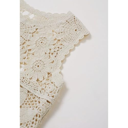 CHICWISH Women Summer Bohemian Crewneck Sleeveless Cutwork Crochet Top Casual Hollow Out Cropped Beach Tank Top Vest Sand4