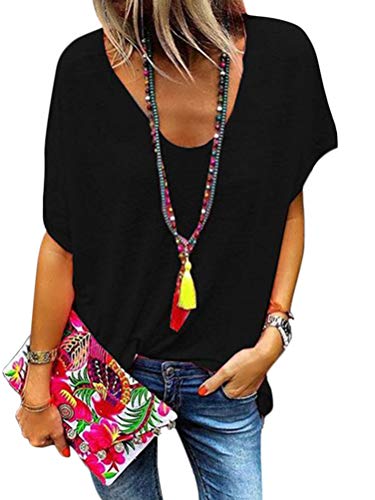 Minetom Mujer Manga Corta Cuello en V Verano Camiseta Casual tee Shirt Suelto Color Sólido Camisas Blusas Talla Grande Tops Negro ES 44