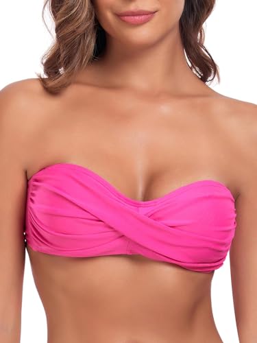 Ocean Blues Women's Hot Pink Strapless Swimsuits for Women Bandeau Bikini Top Tie Back Halter Bathing Suit Top Suit Top Size Large