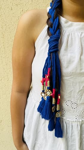 Image of Zippy Flora Neelima Parandi (Royal Blue) | Handmade Boho Parandi | Traditional Hair Accessory with Tassles & Shells | Hair Extension | Choti for Curly & Straight Hair | 22 Inches Length