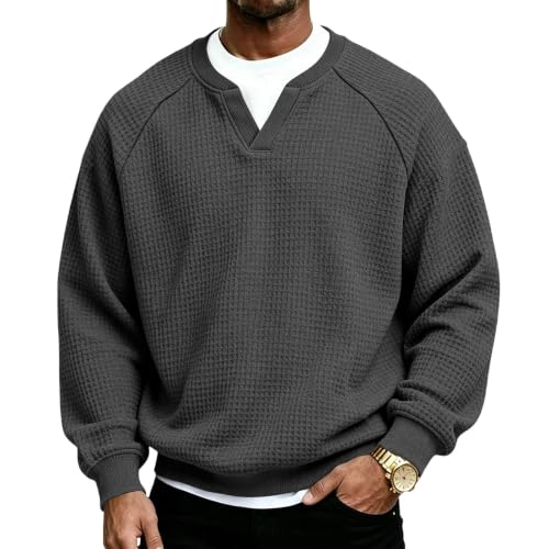 Mens Waffle Shirt Long Sleeve Plus Size Textured V Neck Thermal Work Shirts - image 5