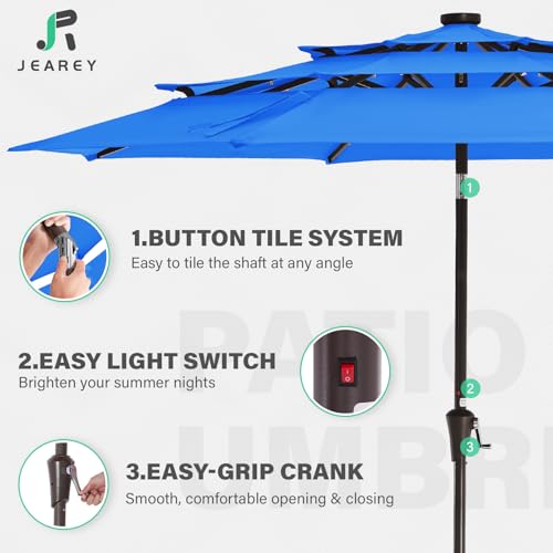 Image of JEAREY 3 Tiers Patio Umbrella with Solar Lights 9ft Outdoor Market Table Umbrellas with Push Button Tilt for Outside Pool Garden, Royal Blue