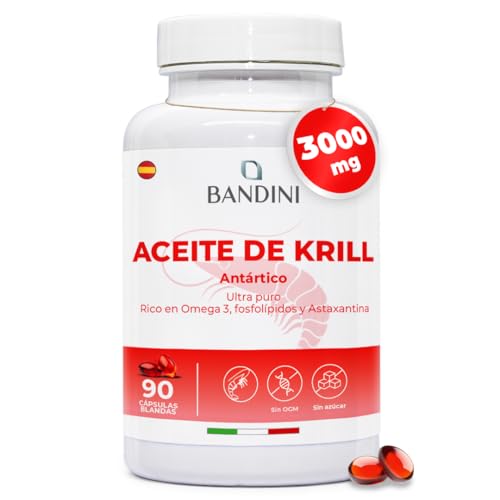 Bandini® Aceite de Krill Omega 3 Antártico 3000 mg | 465 mg DHA y EPA, 1200 mg Fosfolípidos Marinos, Fuente de Astaxantina Natural y Omega-3 | Más biodisponible que el aceite de pescado - 90 Cápsulas