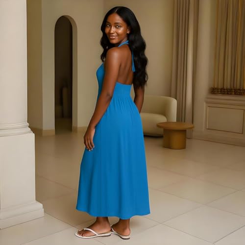 Image of Womens Backless Dress Sexy Halter Deep V Neck Maxi Dresses Sleeveless Long Cocktail Dress with Slit