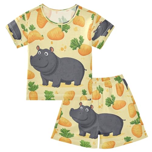 Pajama Sets Short Sleeve Carrots and Hippo Soft Cotton Summer Sleepwear 2 Piece PJS Size 5-14T