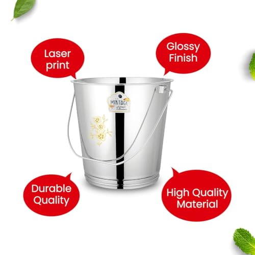 Image of Mintage Stainless Steel Bucket for Bathroom 12.5 litres Capacity | Water Storage Bucket for Kitchen | Laser Balti for Serving | Leak Proof Multipurpose Use | Balti for Home Steel Buckets with Handle