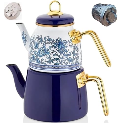 Vintage Turkish Teapot Tea Pots Kettle Set for Stovetop Stove Top Decorative Infuser Party Cups Glasses Floral Unique Boiler Samovar Strainer Loose Leaf Kitchen Style Enamel Decor (White-Blue)